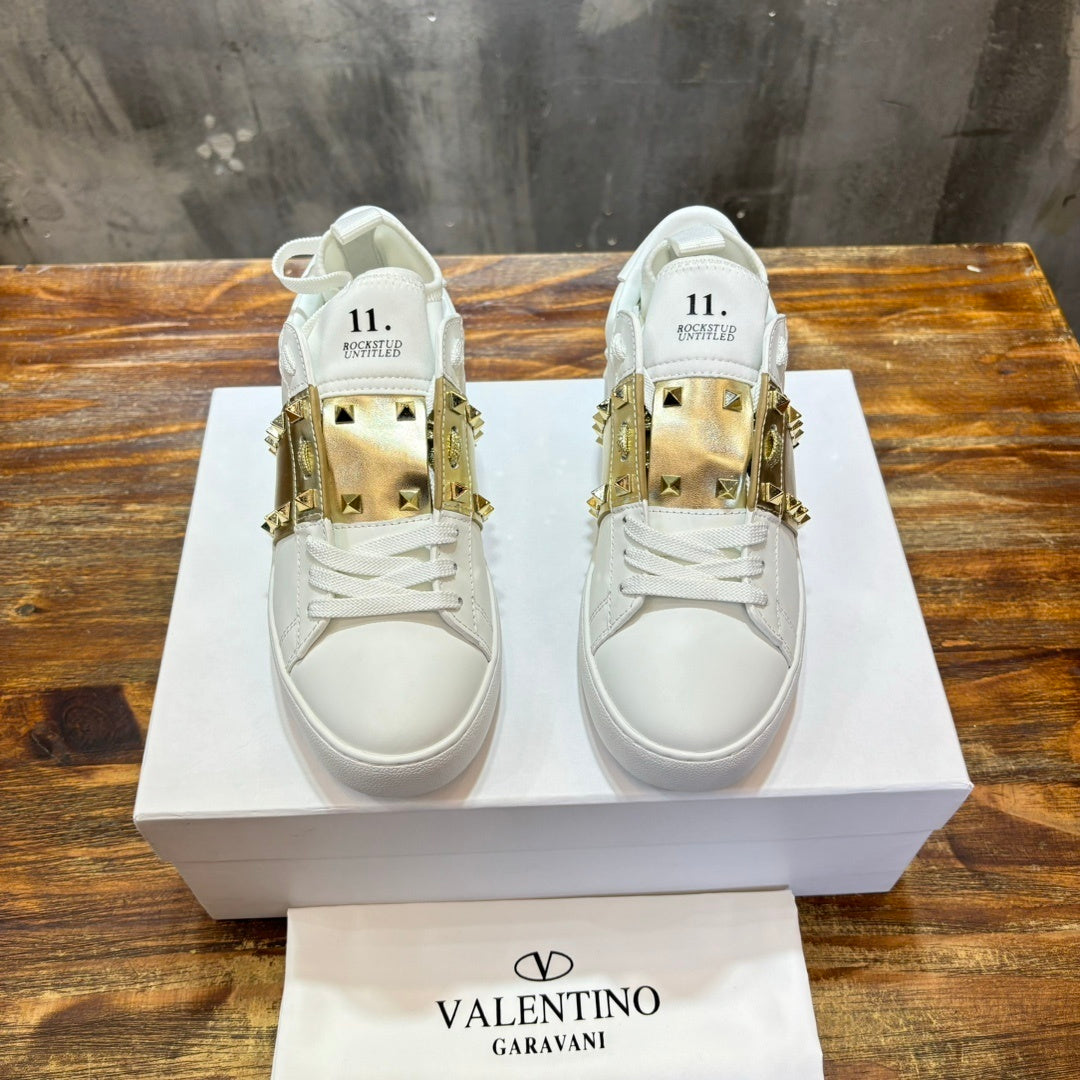 VLTN Rockstud Open Sneaker in White/Gold Leather