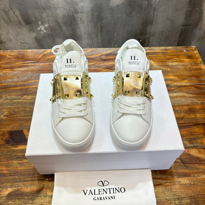 VLTN Rockstud Open Sneaker in White/Gold Leather