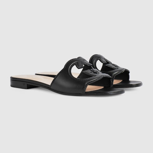Women's slider sandal with black leather GG Interlock