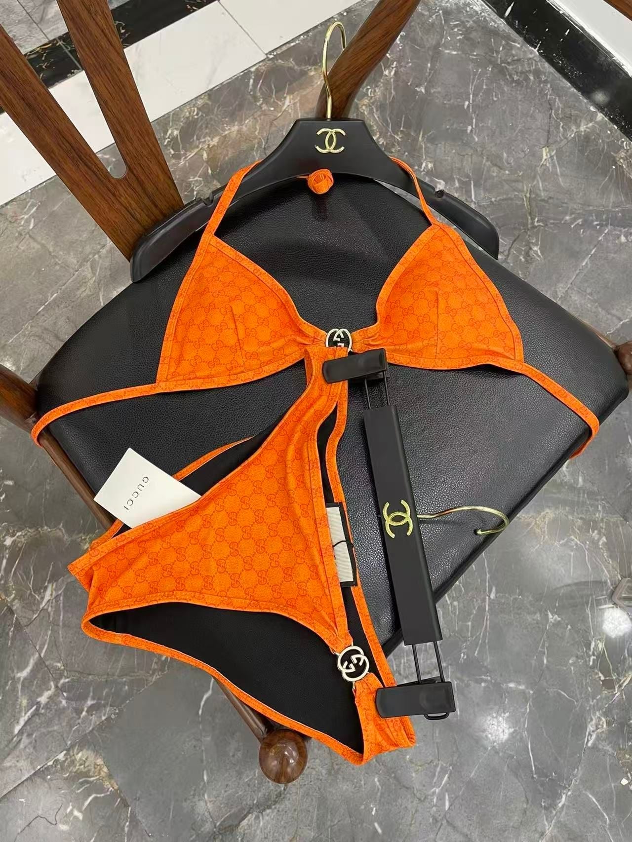 Bikini in jersey stretch con stampa GG arancione
