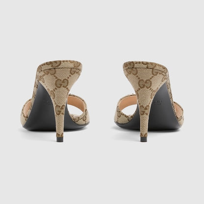 Women's slider sandal with beige and brown fabric clamp