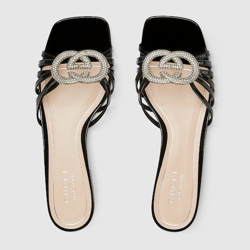 Women's slider sandal with GG criss-cross and crystals in black patent leather