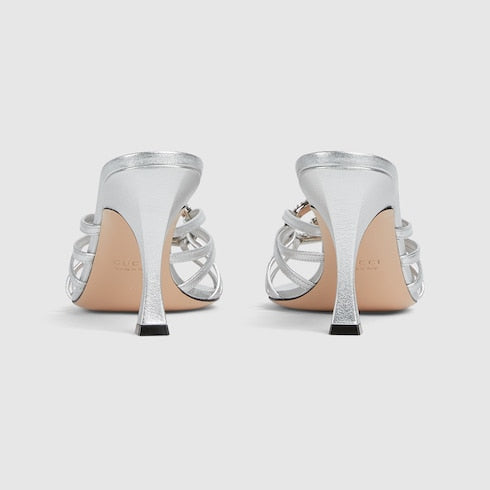Women's silver leather GG Interlocking crystal slider sandal with heel