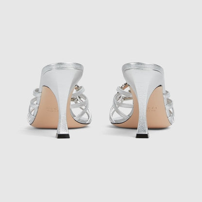Women's silver leather GG Interlocking crystal slider sandal with heel