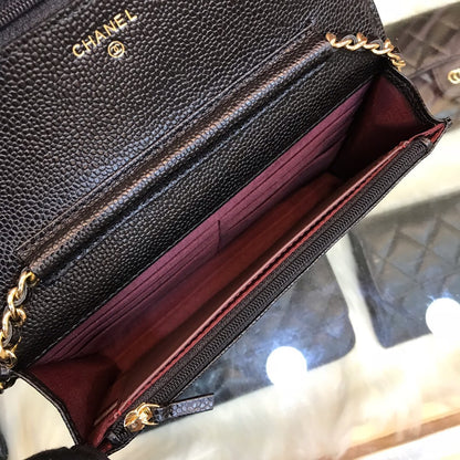 Black wallet with chain and gold logo