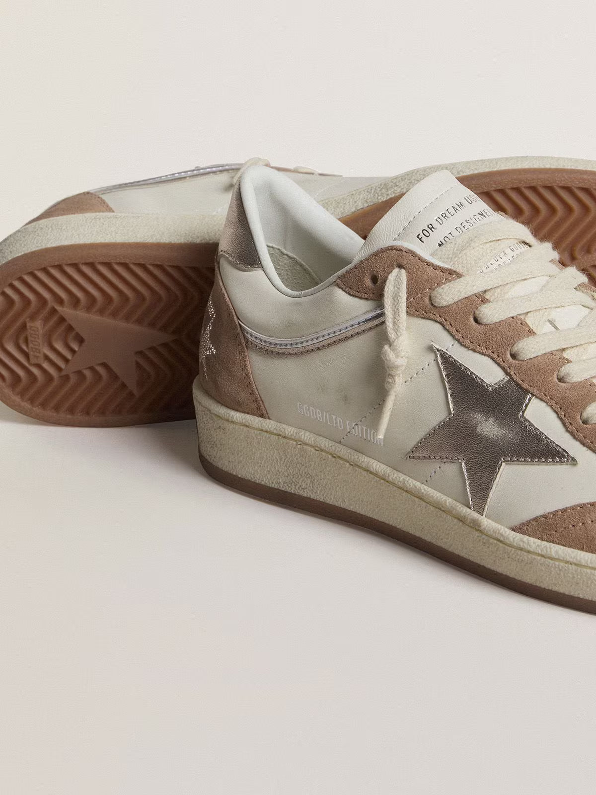 LTD in white nappa and antique rose suede with silver laminated leather star and heel tab
