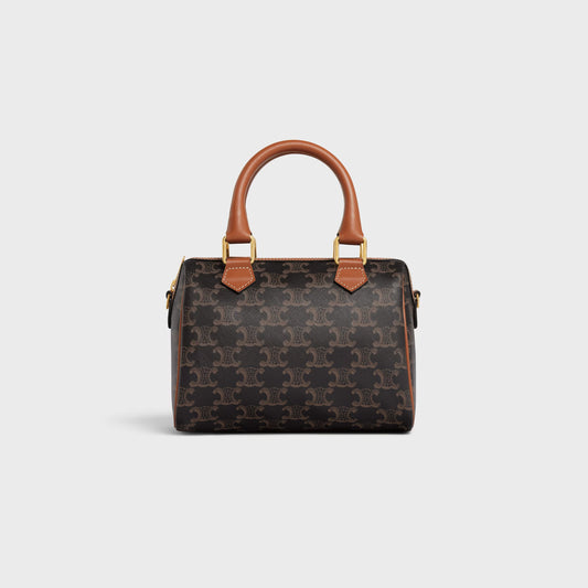 Borsa Boston piccola in tela Triomphe e pelle di vitello CUOIO