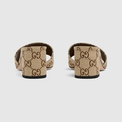 Women's slider sandal with GG camel and brown fabric clamp