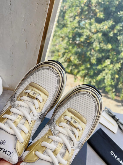 Gold/white mesh suede sneakers
