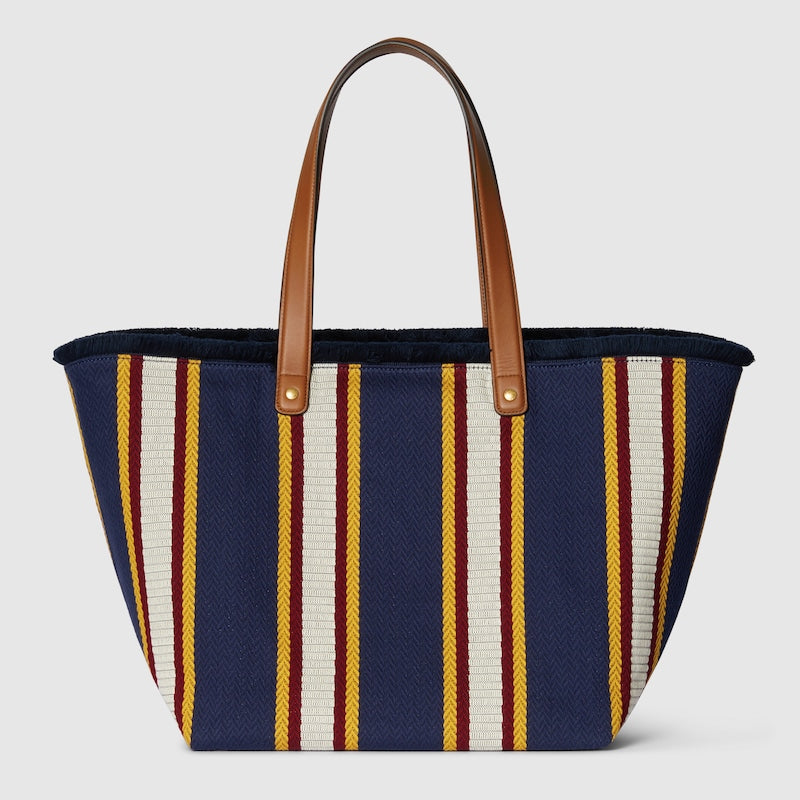 Borsa Shopping in Tessuto Ricamato Blu Scuro Misura Media