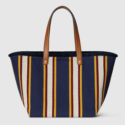 Borsa Shopping in Tessuto Ricamato Blu Scuro Misura Media