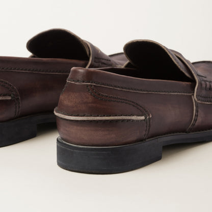 Brown vintage-effect leather loafers
