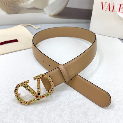 VLogo Signature reversible belt in beige, embellished with multicolored Swarovski crystals
