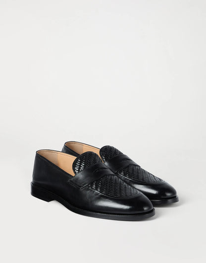 Penny Loafer in woven calfskin and black polished calfskin