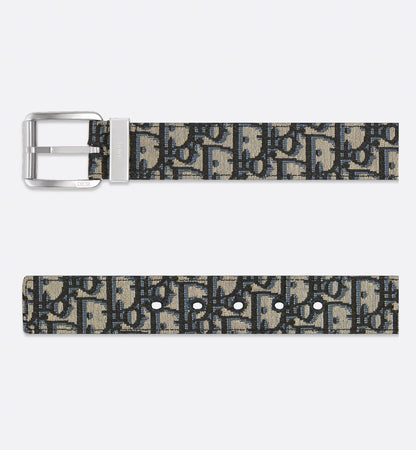 Men's Beige and Black Oblique Jacquard Belt with Black Grained Calfskin 35 mm