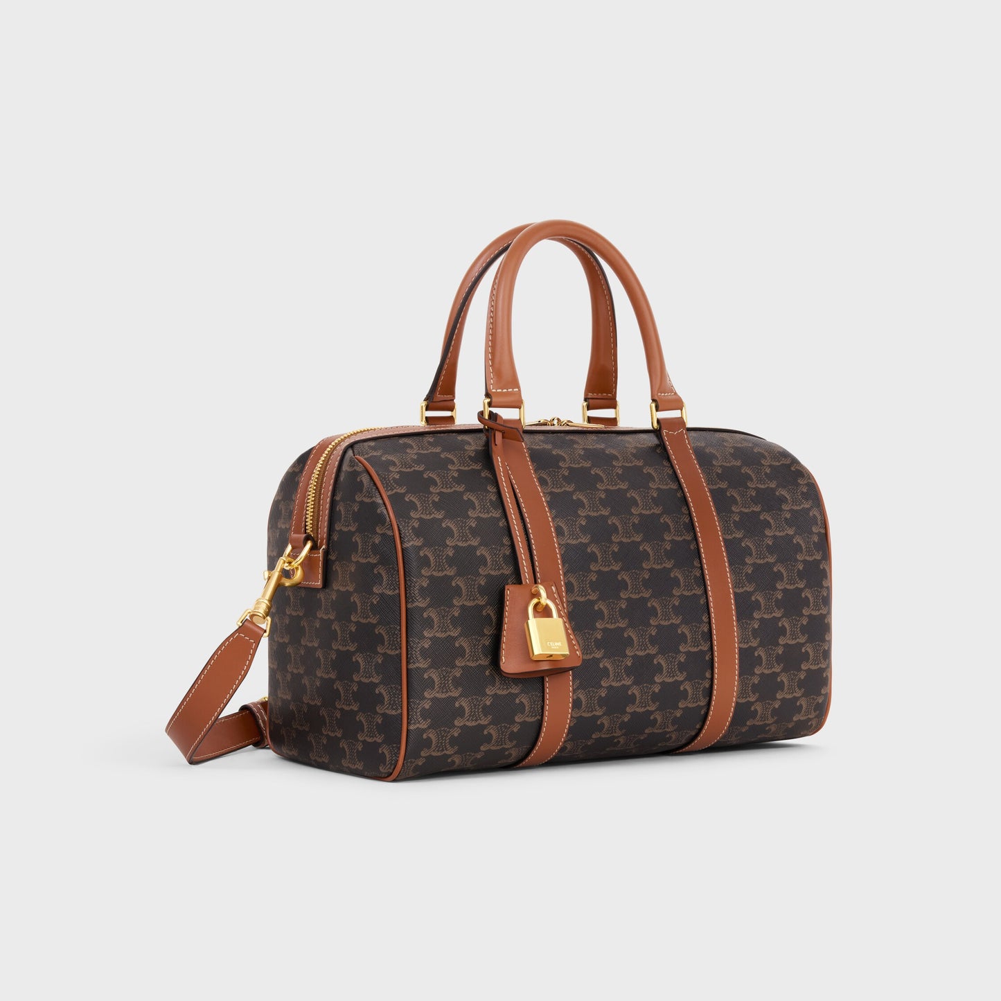 Borsa Boston grande in tela Triomphe e pelle di vitello CUOIO