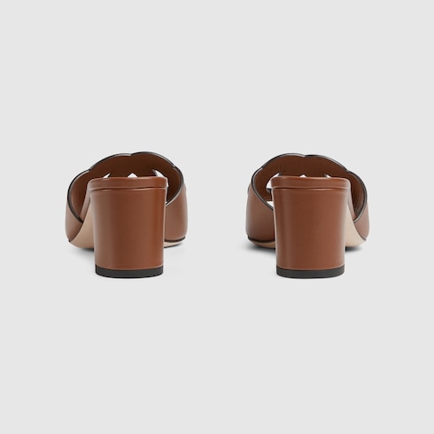 Women's slider sandal with brown leather GG criss-cross straps