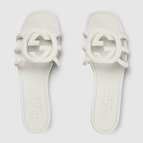 Women's slider sandal with GG Interlocking in white rubber