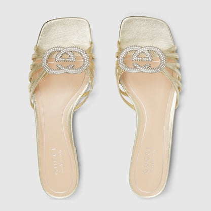 Women's slider sandal with GG criss-cross and crystals
