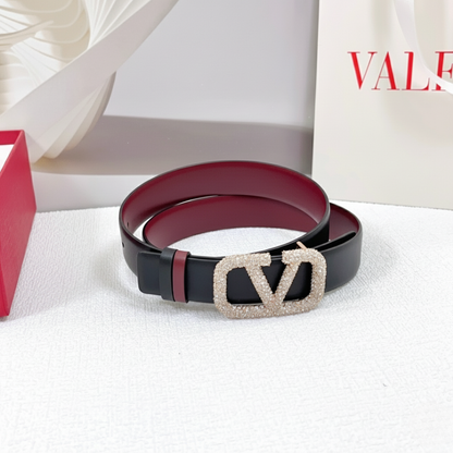 Reversible VLogo Signature belt in black glossy calfskin with crystals
