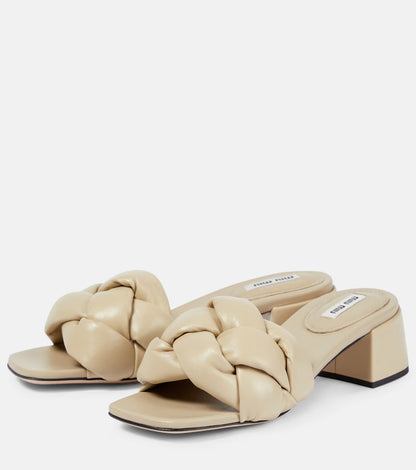 Beige braided leather padded sandals