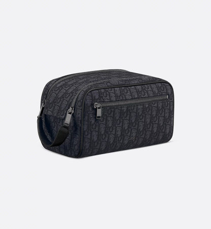 Beige and black Oblique jacquard toiletry bag with black hammered calfskin