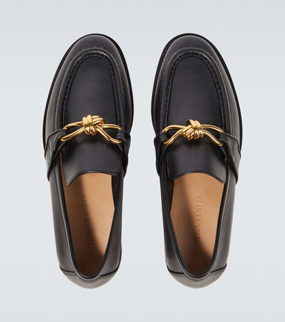 Astaire Knot Loafers in black leather with gold buckle