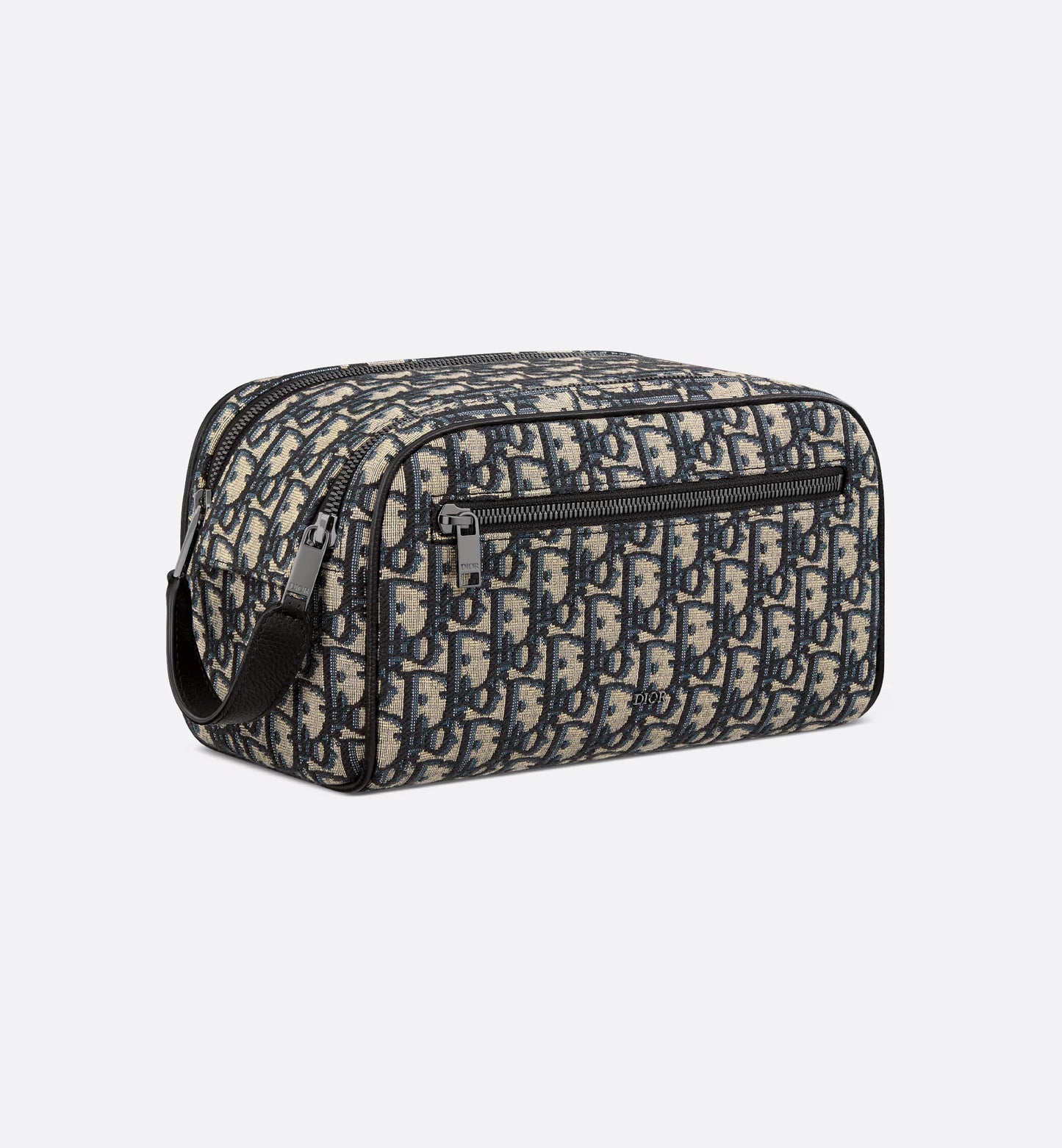 Borsa da toilette Beige e nero Jacquard Oblique con pelle di vitello martellata nera