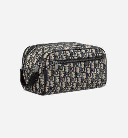 Borsa da toilette Beige e nero Jacquard Oblique con pelle di vitello martellata nera