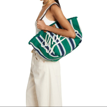 Borsa Shopping in Tessuto Ricamato Verde Misura Media