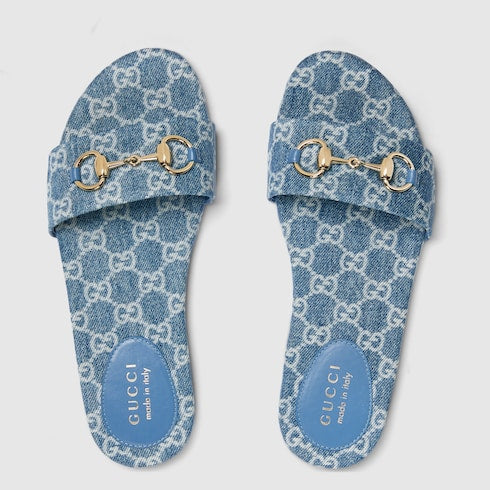Women's slider sandal with blue GG denim Horsebit