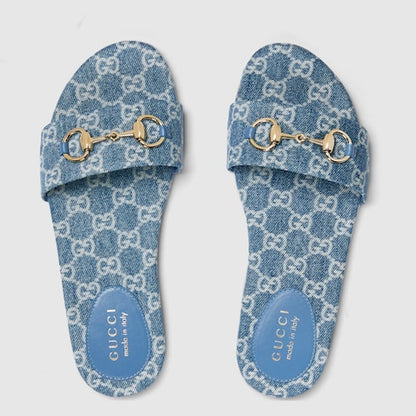Women's slider sandal with blue GG denim Horsebit