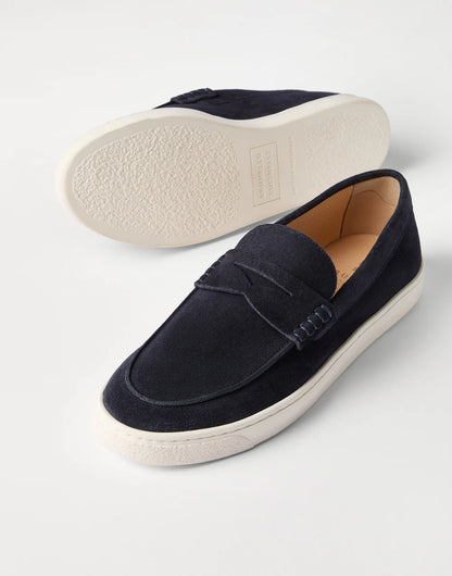 Navy blue suede slip-ons