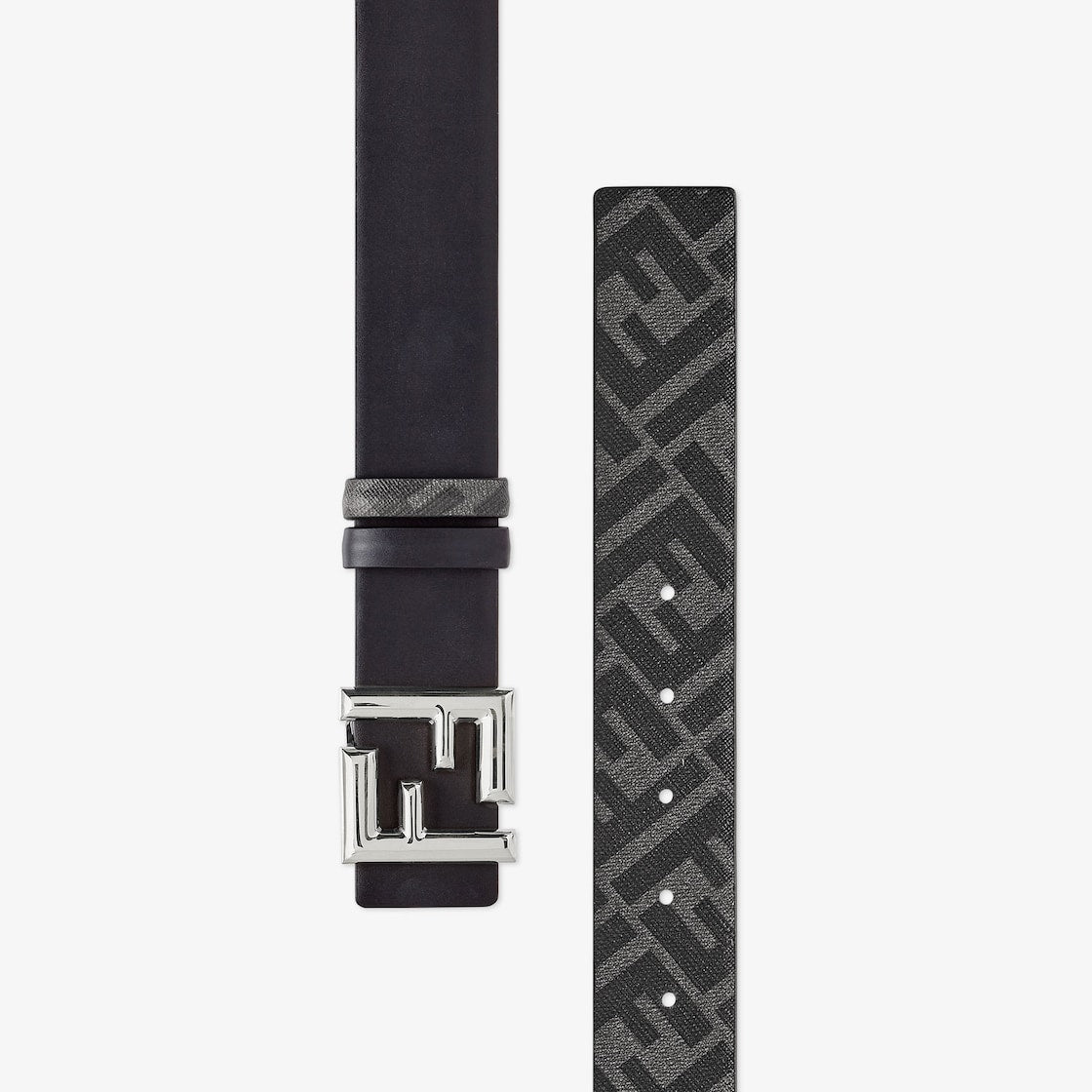 Men's reversible black leather belt with gray and black FF motif