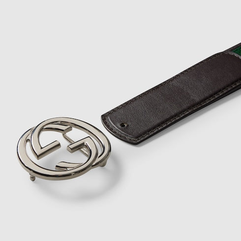 Men's reversible belt with green/red and brown Interlocking G buckle