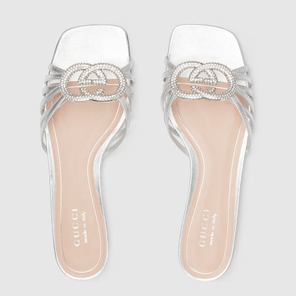 Women's slider sandal with GG criss-cross and crystal-embellished silver leather