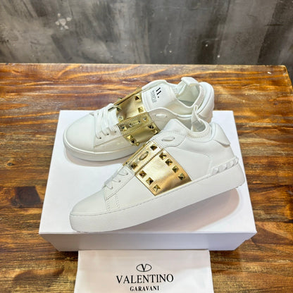 VLTN Rockstud Open Sneaker in White/Gold Leather