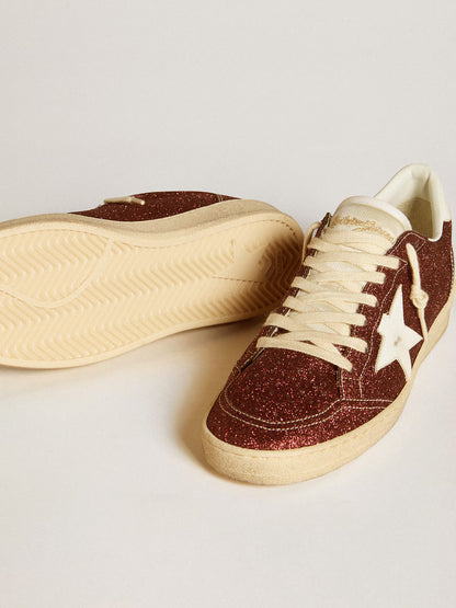 Bordeaux glitter with star and white leather tag