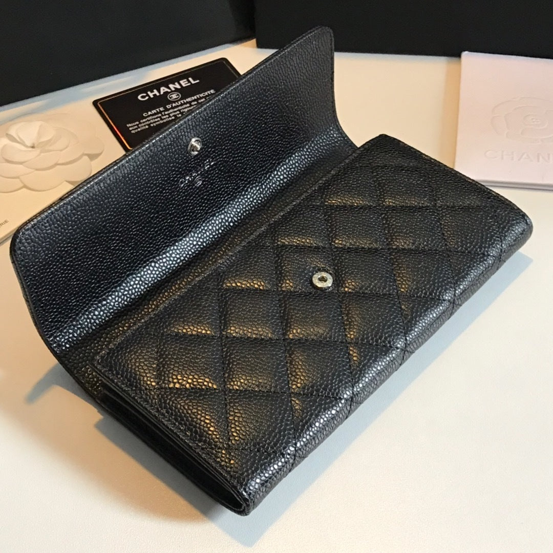 Classic quilted black leather flap wallet