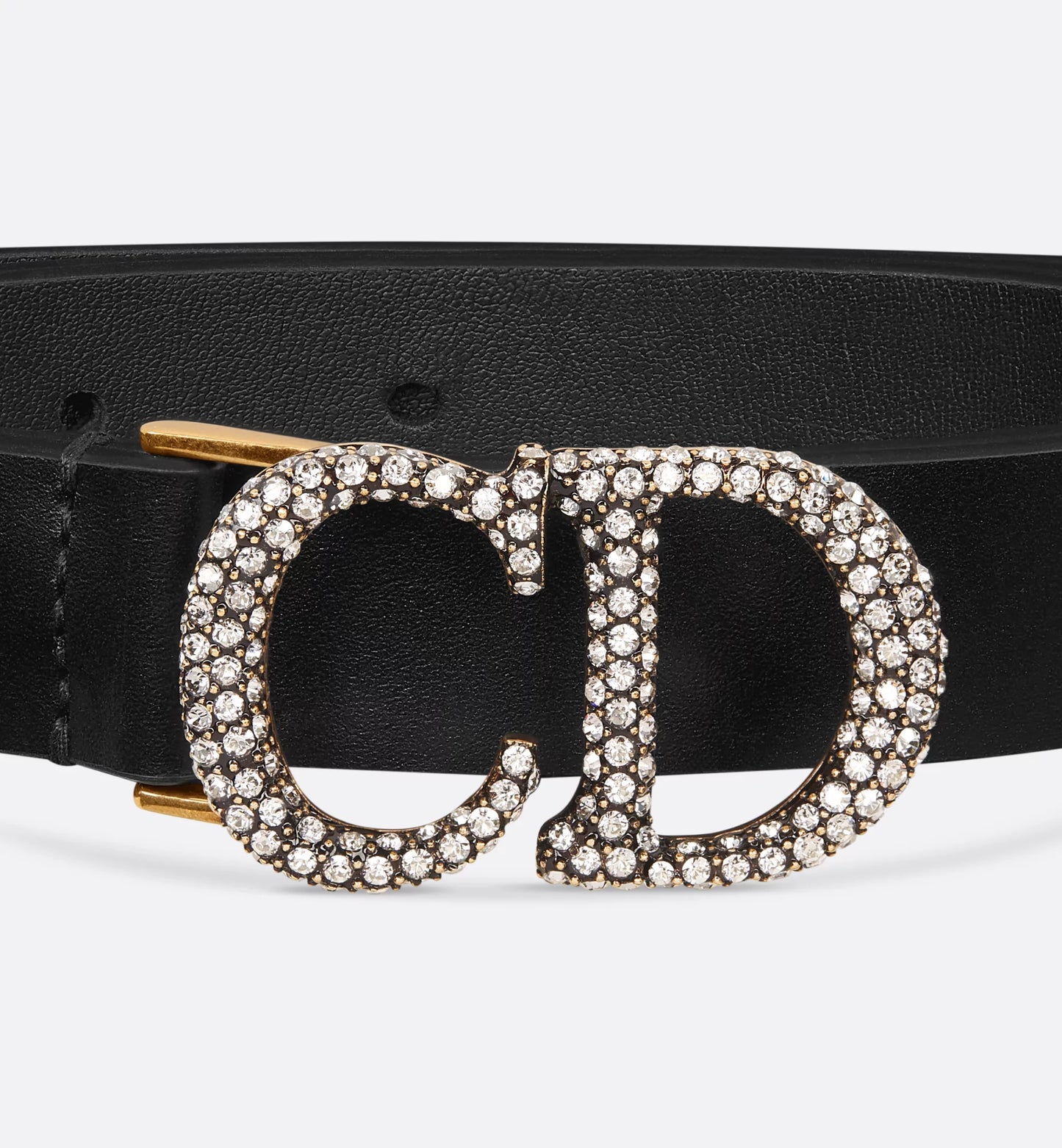 Women's 20mm black smooth calfskin saddle belt with silver-tone crystals
