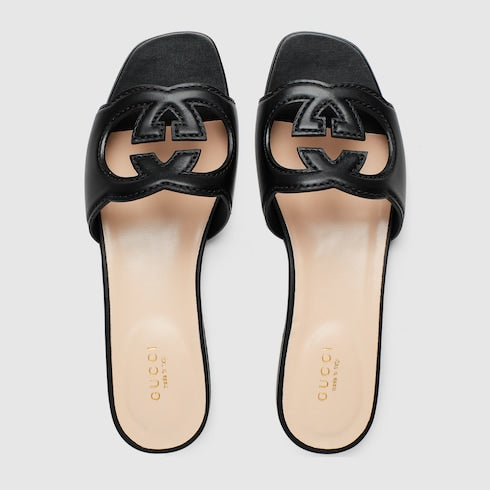 Women's slider sandal with black leather GG Interlock