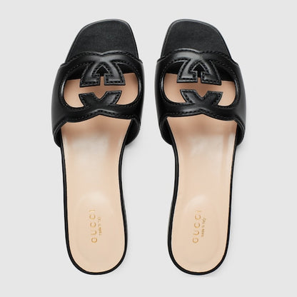 Women's slider sandal with black leather GG Interlock