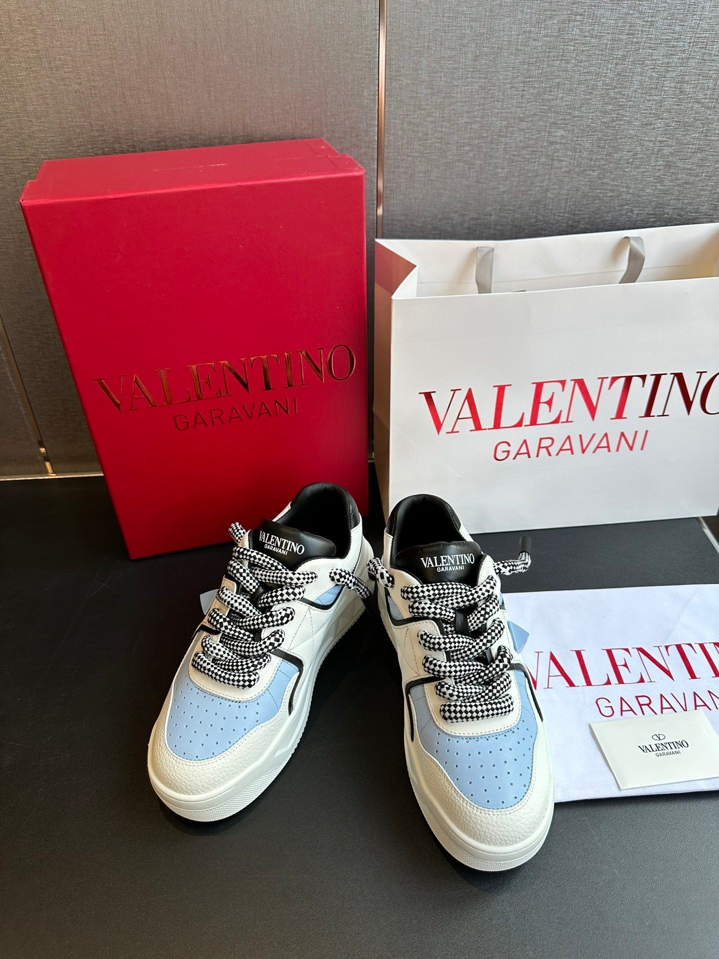 White/Sky Blue Nappa Leather One Stud XL Low-Top Sneakers