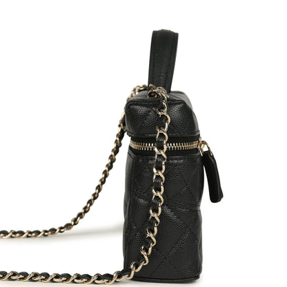 Vanity Case mit Griff oben aus gestepptem schwarzem Lammleder