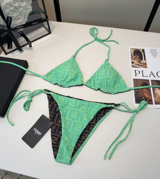 Bikini a Triangolo Reversibile con Motivo Logo FF Menta