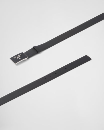 Men's black Saffiano leather belt with covered metal buckle