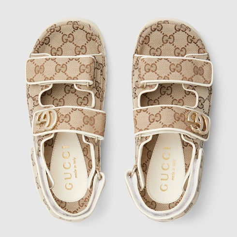 Women's sandal with Double G in beige and dark brown GG fabric