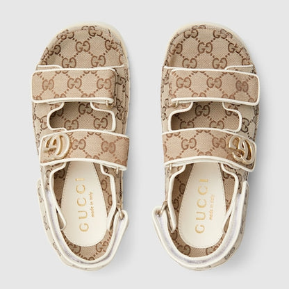 Women's sandal with Double G in beige and dark brown GG fabric