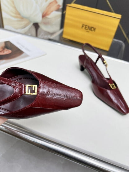 Burgundy leather kitten heel pumps with gold FF buckles