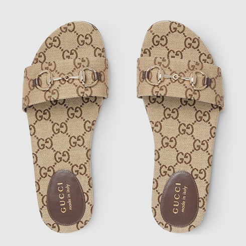Women's slider sandal with dark beige and brown GG fabric clamp